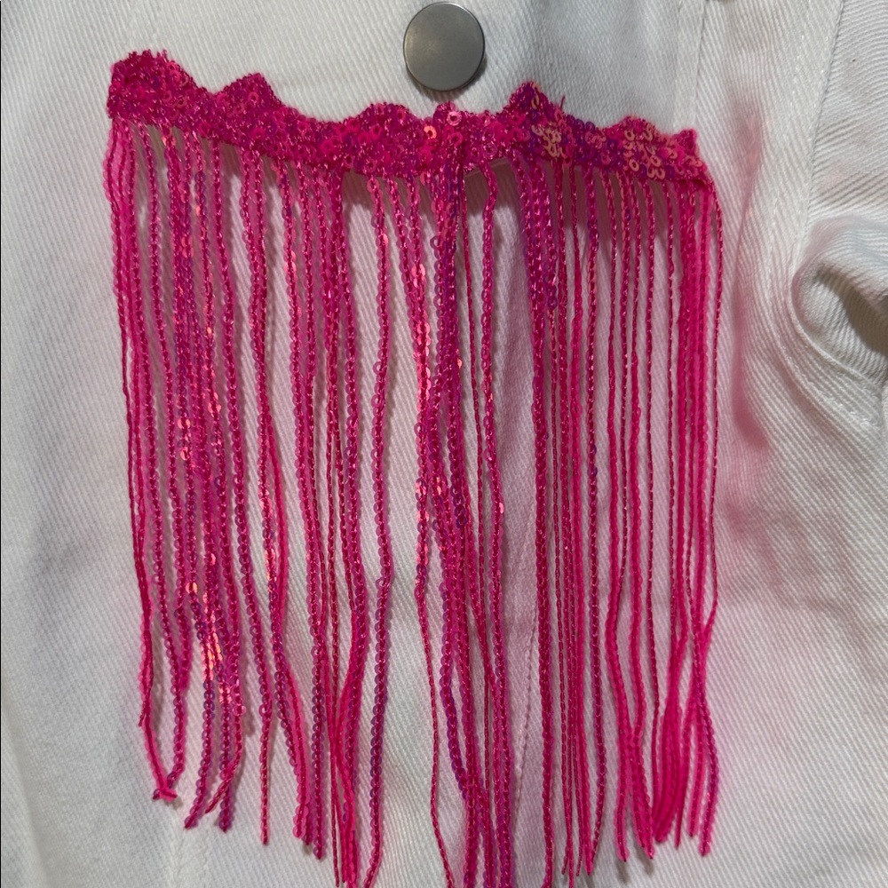 Fantastic Fawn White Jean Jacket with Hot Pink Fringe sequins horse embroidery - Picture 4 of 14